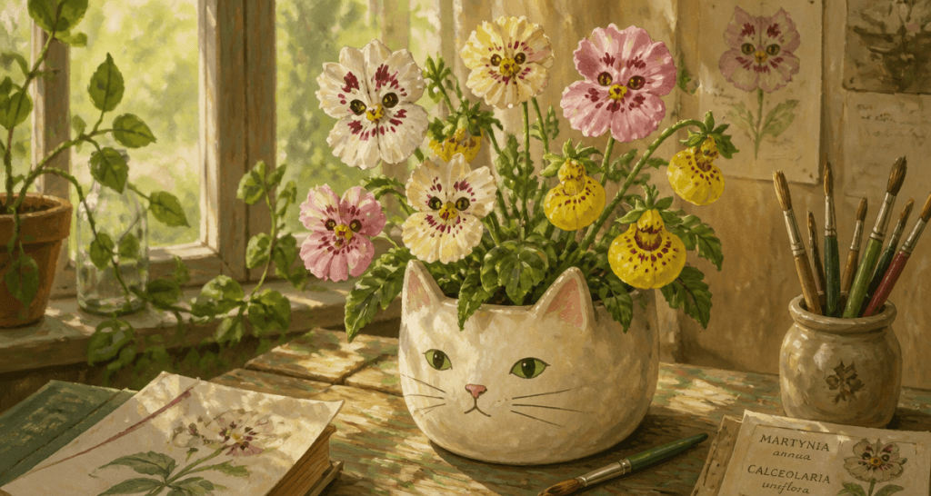 fleur en forme de chat sur table en pot blanc