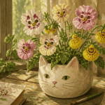 fleur en forme de chat sur table en pot blanc
