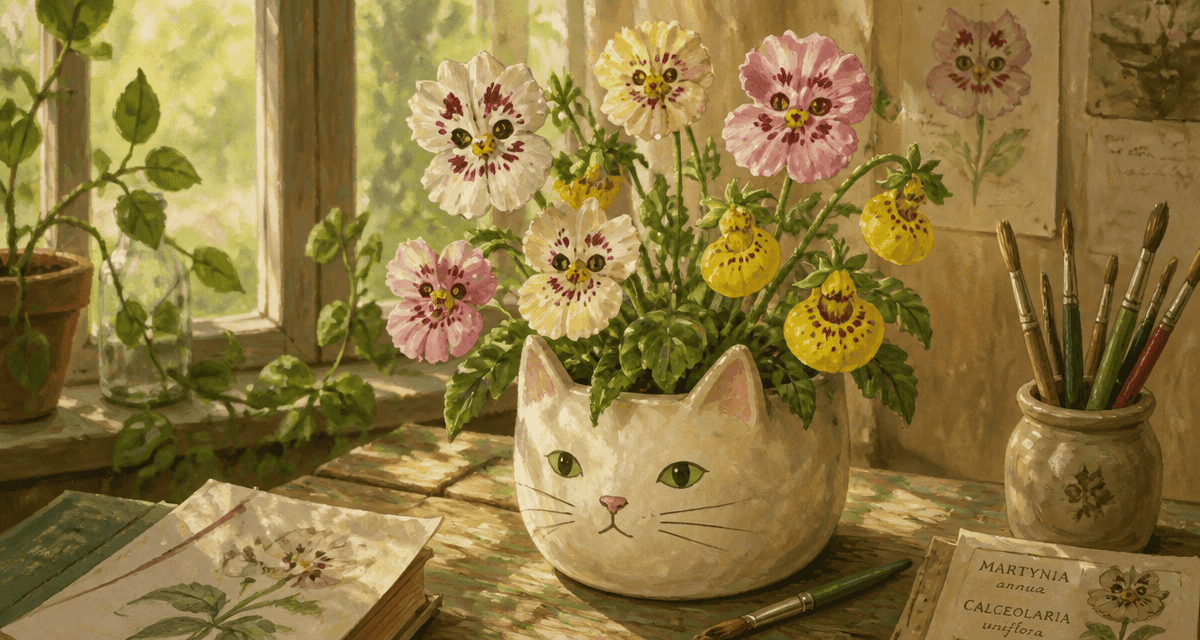 fleur en forme de chat sur table en pot blanc