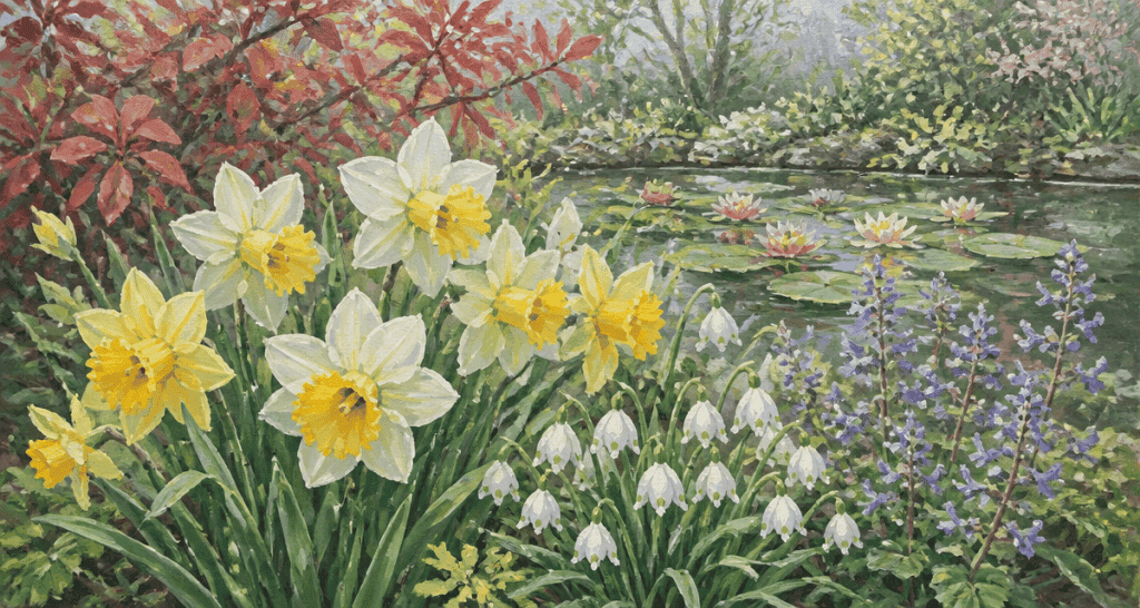 Fleur en N : massif avec narcisses, nénuphars et nivéoles
