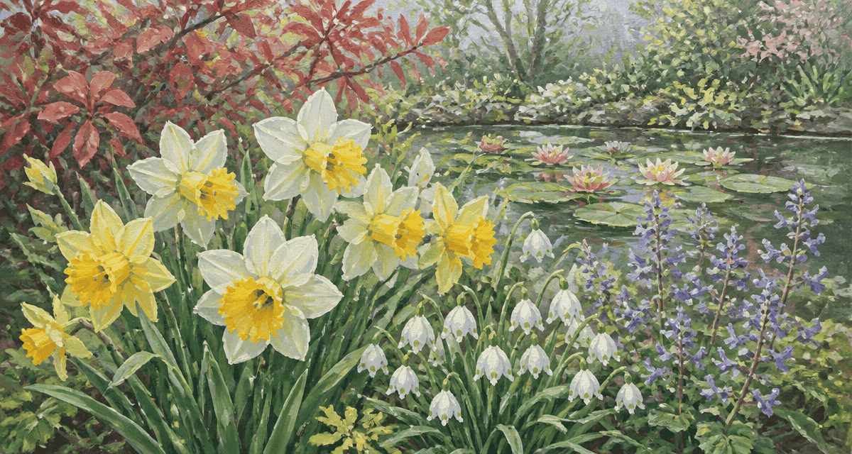 Fleur en N : massif avec narcisses, nénuphars et nivéoles