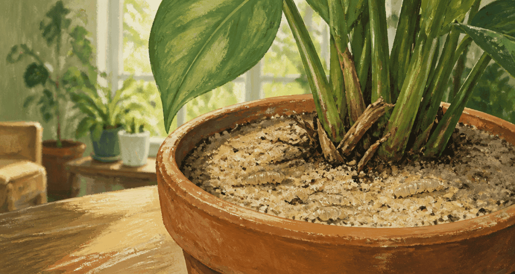 Larve moucheron visible sur terreau plante