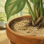 Larve moucheron visible sur terreau plante
