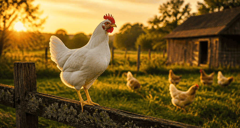 leghorns poule blanche sur barrière