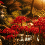 lycoris flowers rouges sous lumière dorée