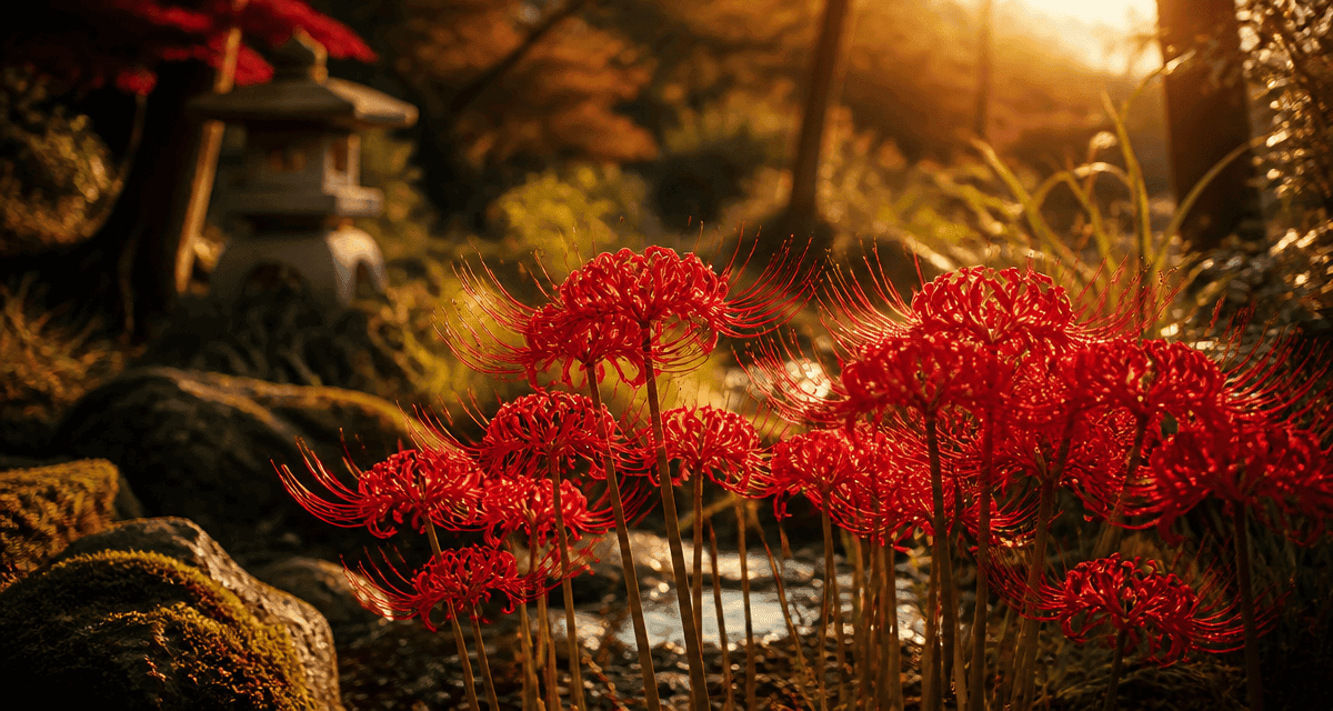 lycoris flowers rouges sous lumière dorée