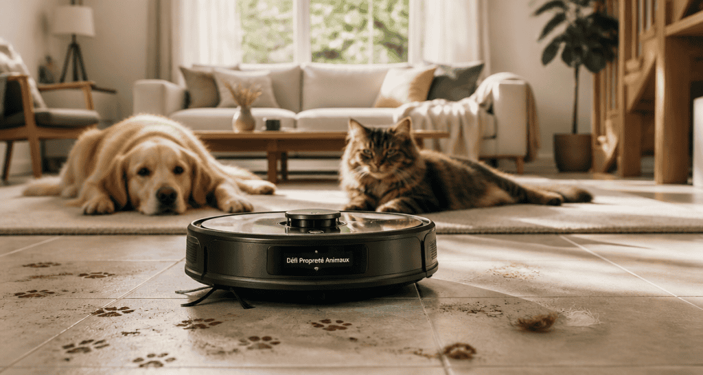 Meilleur robot aspirateur laveur animaux avec chien chat et traces de pattes