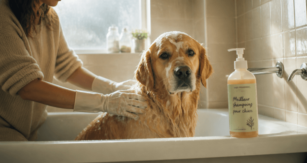 Meilleur shampoing chien sur Golden Retriever dans baignoire
