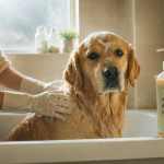 Meilleur shampoing chien sur Golden Retriever dans baignoire
