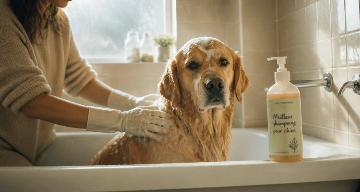 Meilleur shampoing chien sur Golden Retriever dans baignoire