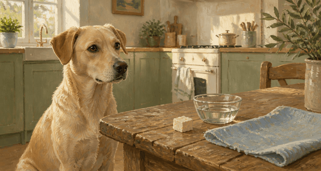 chien regarde mozzarella chien sur table