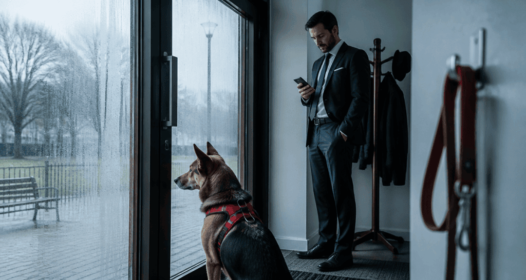 sortir son chien 1 fois par jour chien regarde dehors laisse inutilisée