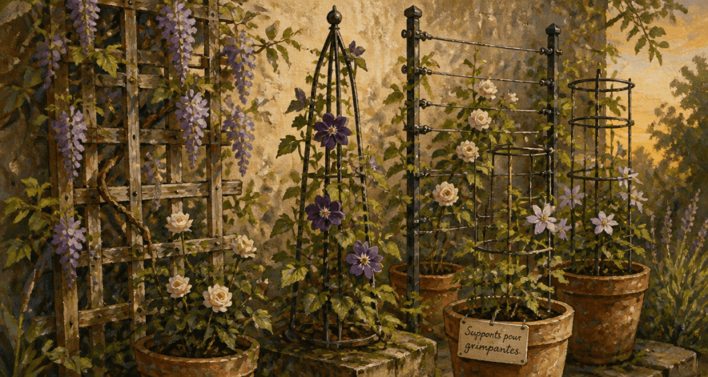 Support plante grimpante en bois, métal et câble avec fleurs