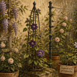 Support plante grimpante en bois, métal et câble avec fleurs