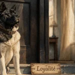 Akita americain caractere : chien noir et crème, garde devant une porte
