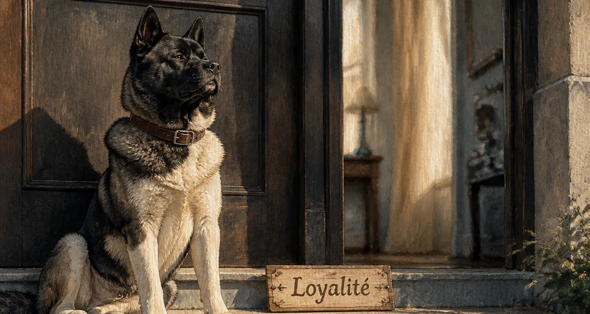 Akita americain caractere : chien noir et crème, garde devant une porte