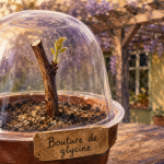 Bouture glycine en pot sous cloche transparente