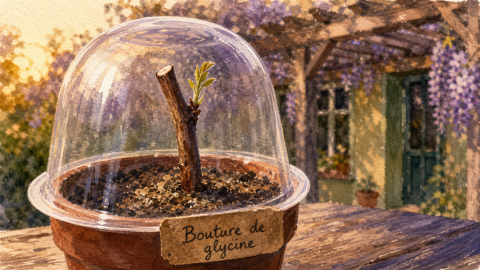 Bouture glycine en pot sous cloche transparente