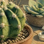 Cactaceae en pot : aréoles duveteuses visibles, comparaison avec autre succulente