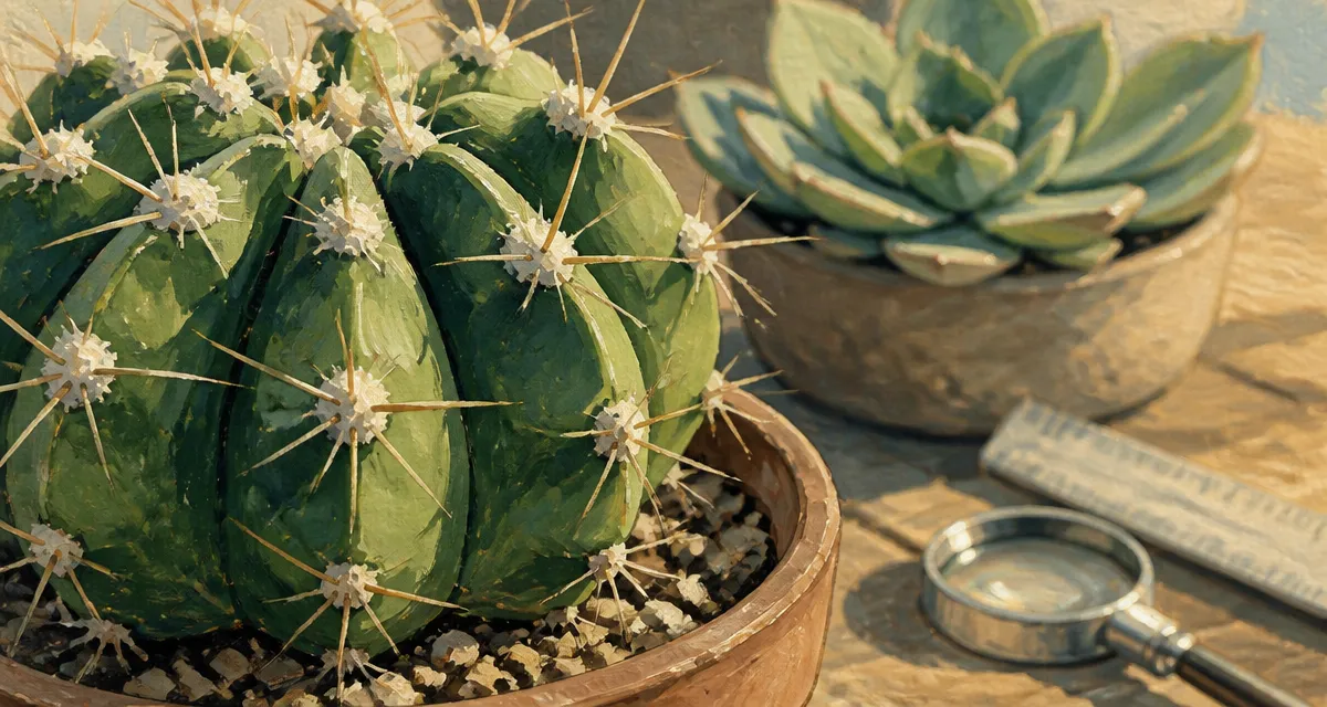 Cactaceae en pot : aréoles duveteuses visibles, comparaison avec autre succulente