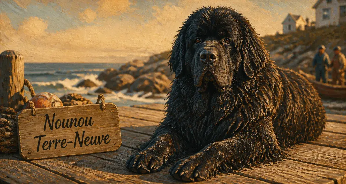 Caractere du terre neuve, chien doux et protecteur près de la mer