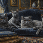 Quatre chats gris bleus de races différentes sur canapé