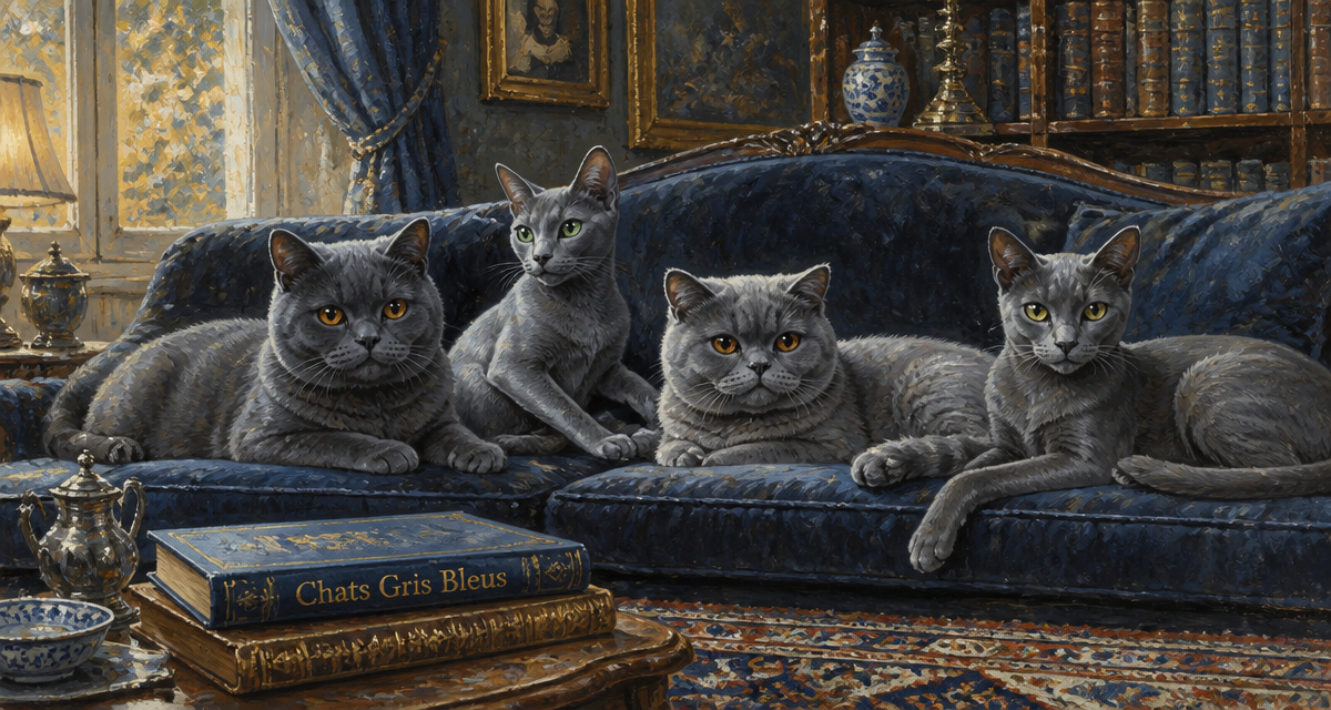 Quatre chats gris bleus de races différentes sur canapé