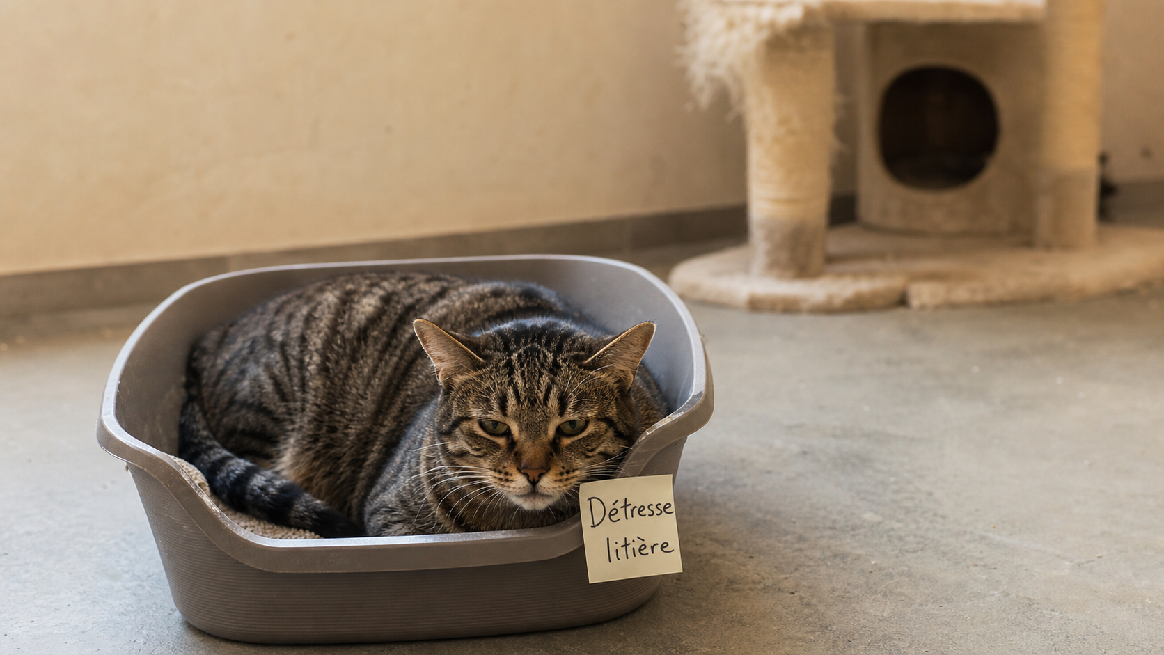 Chat malade qui se couche dans sa litière, signal d’urgence