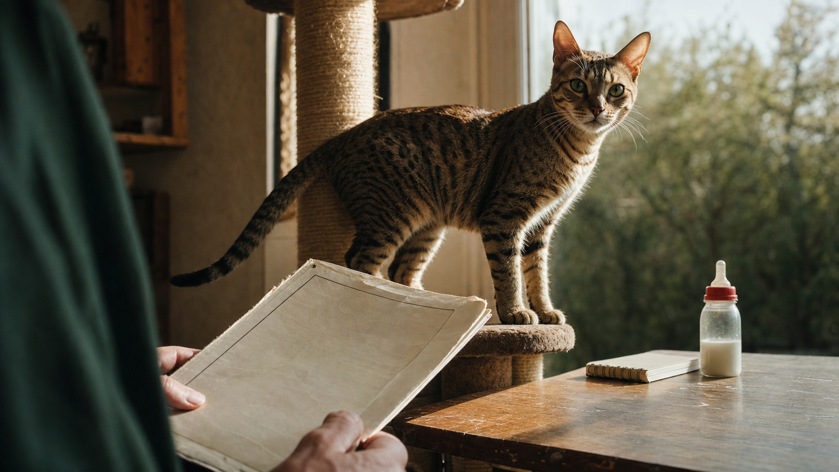 Chat rare Sokoké sur arbre à chat, dossier LOOF