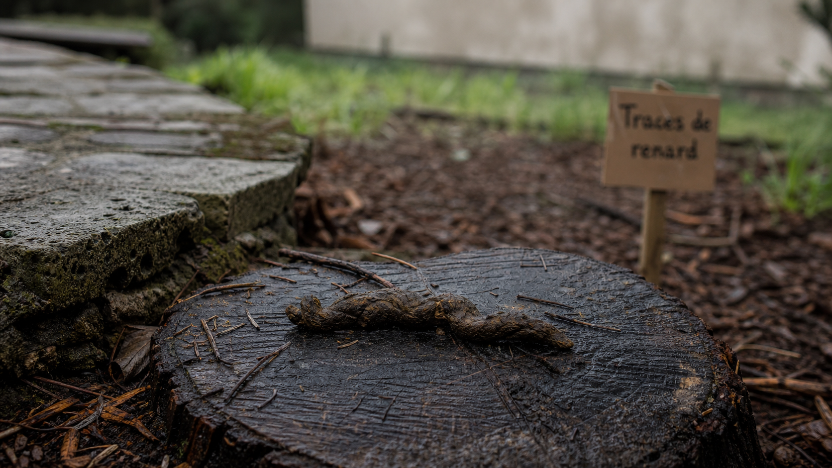 Crotte de renard sur une souche, traces en jardin