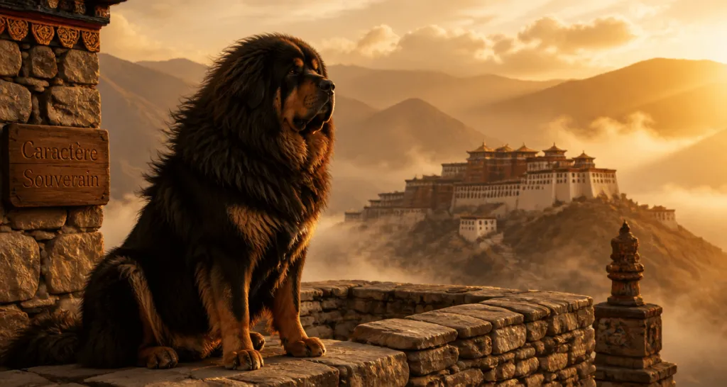 dogue du tibet caractère serein sur terrasse montagne