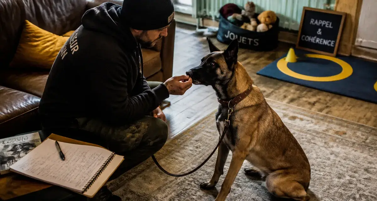 Dressage du malinois : éducateur avec friandise et Malinois attentif