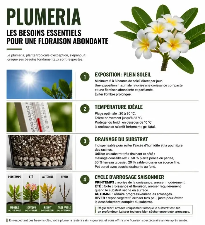 Infographie des conseils de culture et d'entretien du plumeria