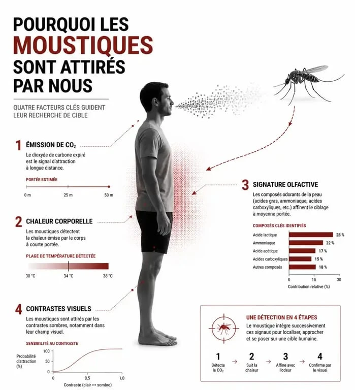 Schéma explicatif des facteurs qui attirent les moustiques : CO2, chaleur et odeurs corporelles.