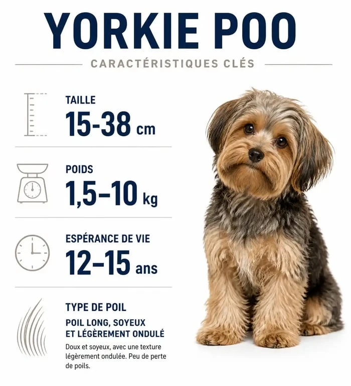 Infographie des caractéristiques physiques et espérance de vie du chien Yorkie Poo