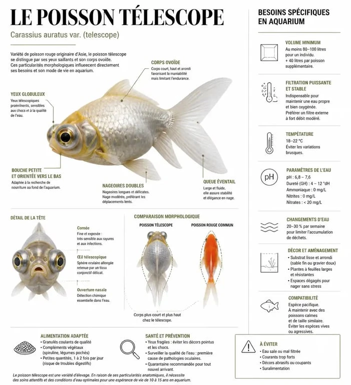 Infographie sur la morphologie et les besoins du poisson télescope