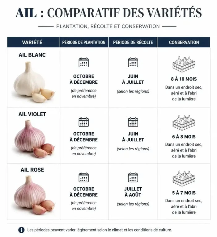 Tableau comparatif des périodes de plantation et récolte de l'ail pour réussir sa culture