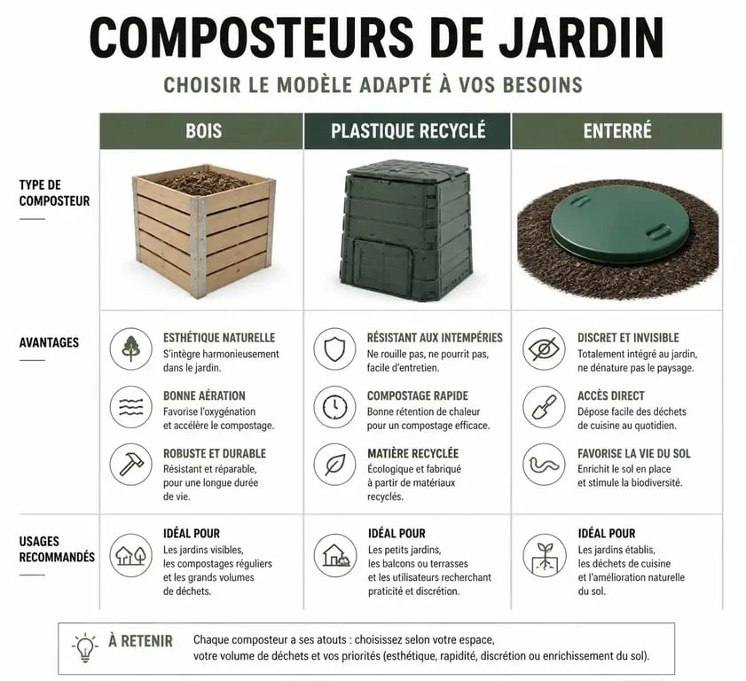 Comparatif des différents types de composteurs de jardin : bois, plastique et enterré pour réussir son compostage.