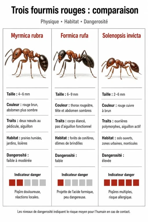 Infographie comparative des espèces de fourmis rouges : identification et dangerosité