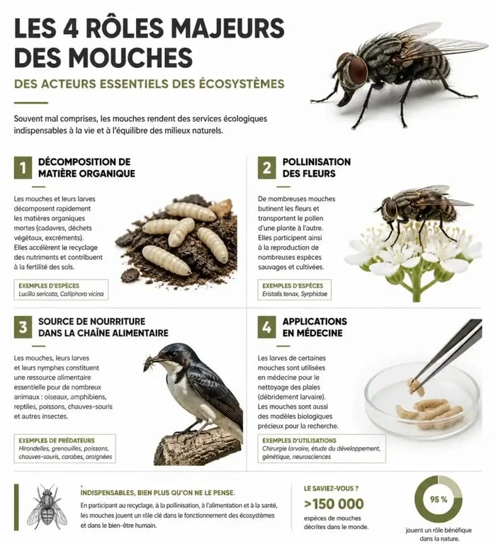 Infographie illustrant les bienfaits et l'utilité écologique des mouches dans la nature