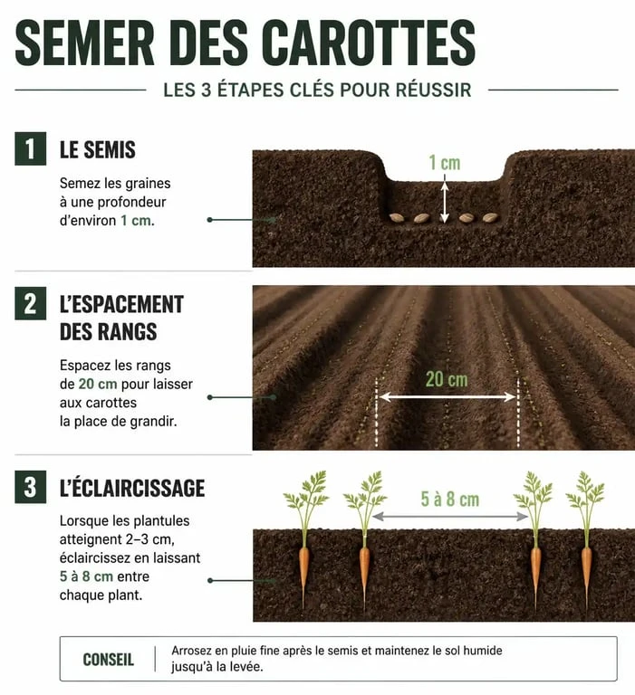 Infographie des étapes pour réussir le semis de carottes au potager