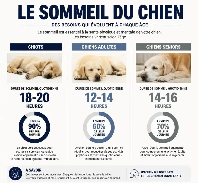 Infographie montrant la durée de sommeil moyenne d'un chien par jour selon son âge : chiot, adulte et senior.