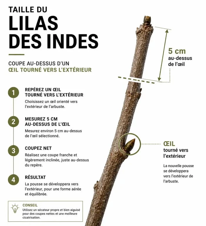 Schéma explicatif pour la taille du lilas des Indes : technique de coupe au-dessus d'un œil