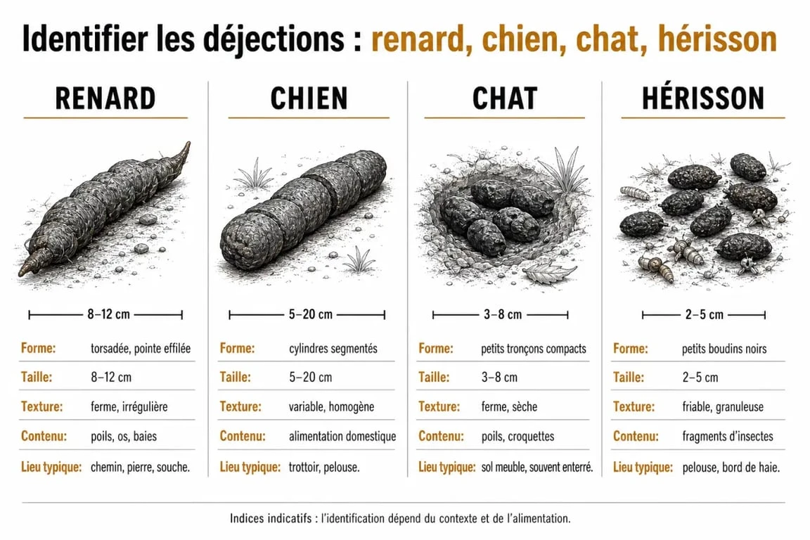 Infographie comparative pour identifier une crotte de renard par rapport à un chien, un chat ou un hérisson