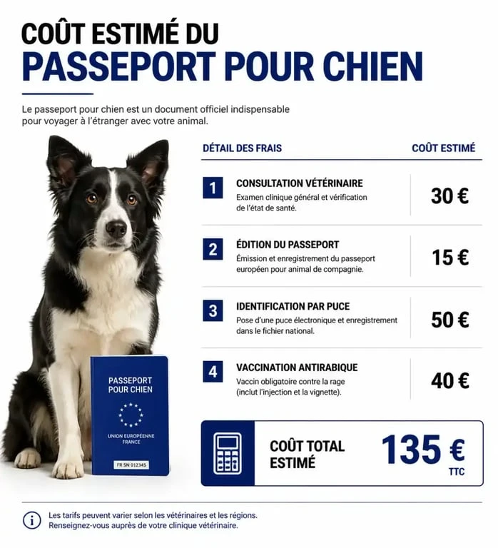 Infographie récapitulative du prix et des frais liés à l'obtention du passeport pour chien
