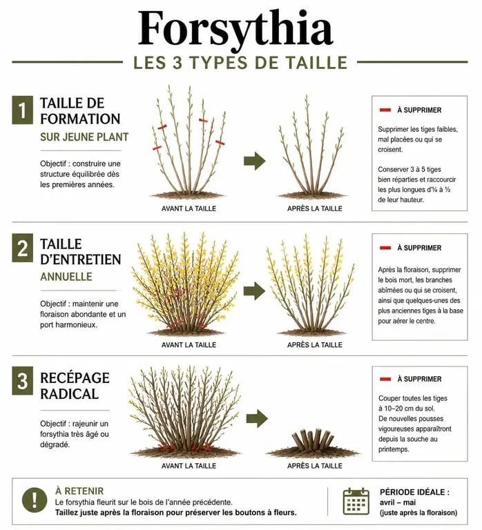 Schéma explicatif des différentes méthodes pour tailler un forsythia selon son âge