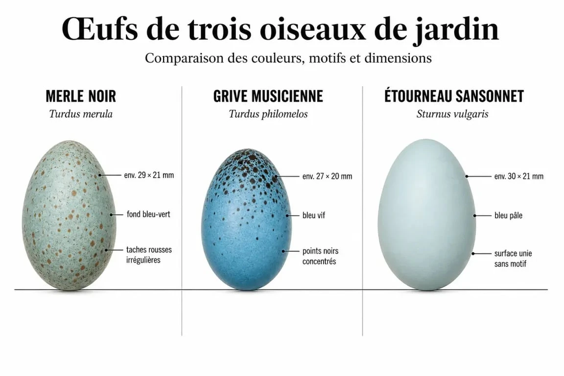 Comparaison visuelle des œufs de merle noir, grive musicienne et étourneau sansonnet pour identification.