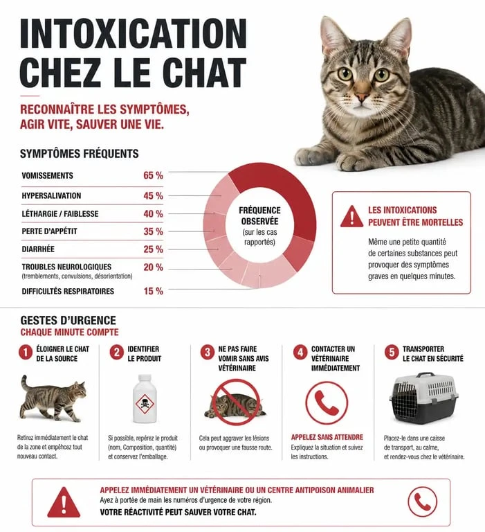 Infographie des symptômes et gestes d'urgence en cas d'ingestion de fleurs toxiques pour les chats