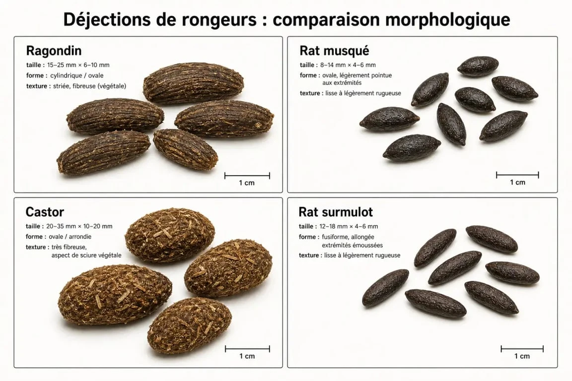 Comparaison visuelle des crottes de ragondin, rat musqué, castor et rat surmulot pour une identification précise.