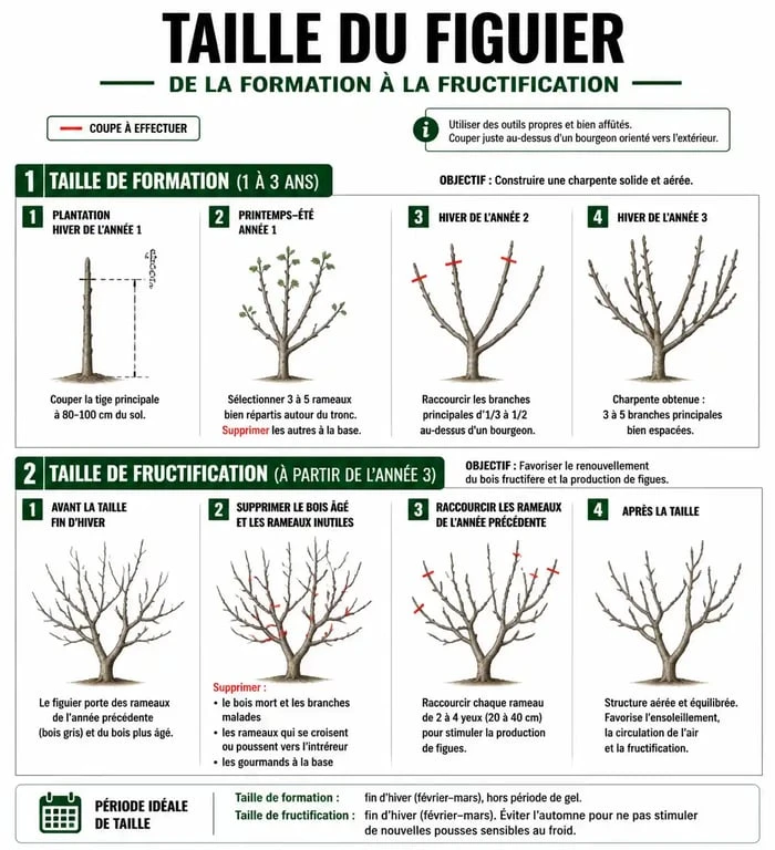 Infographie explicative sur quand tailler un figuier et les techniques de coupe